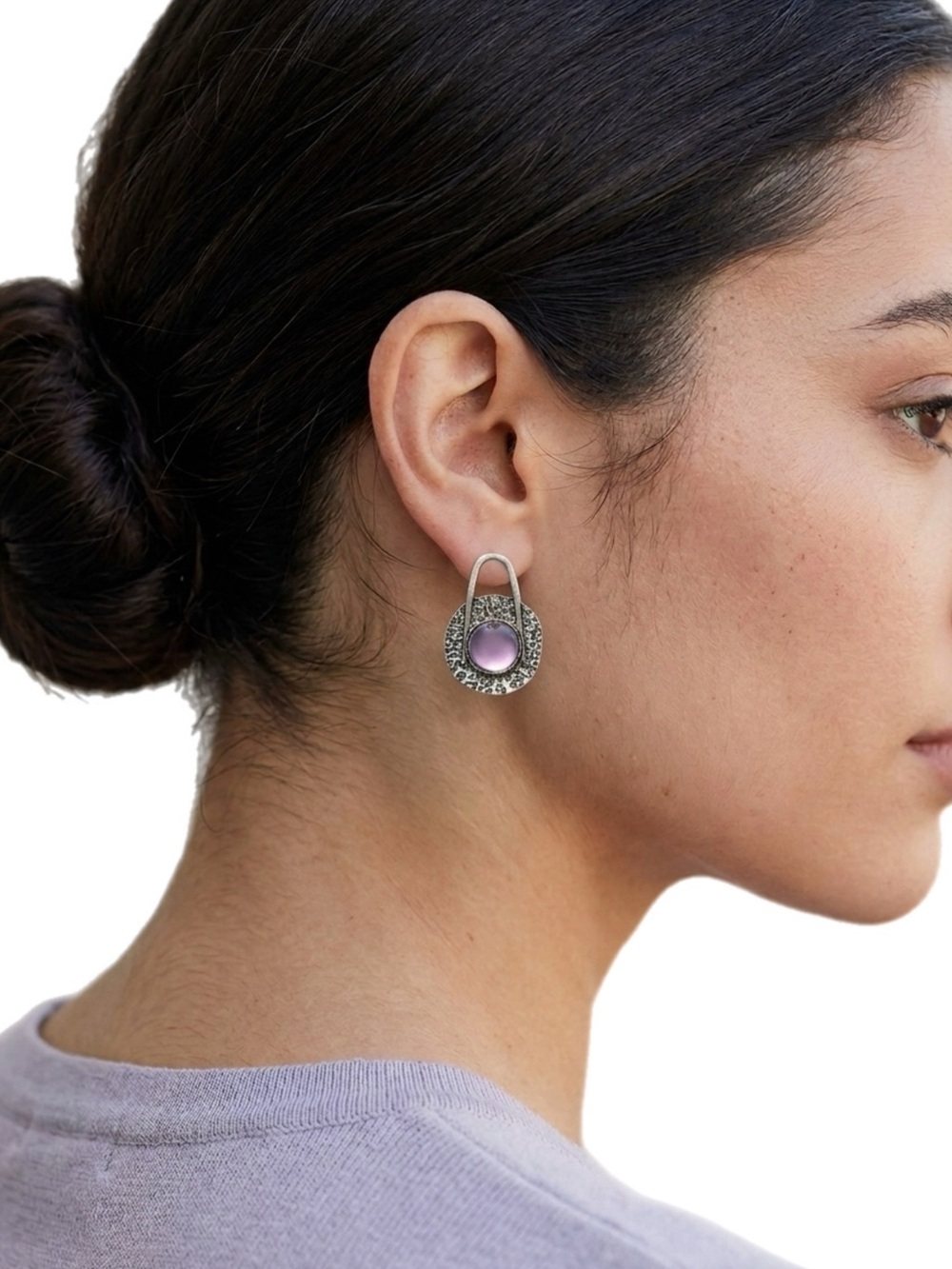 Silver Drop Earrings with Purple Cabochon